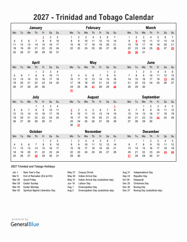 Year 2027 Simple Calendar With Holidays in Trinidad and Tobago
