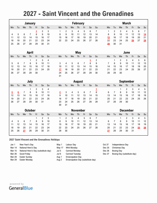 Year 2027 Simple Calendar With Holidays in Saint Vincent and the Grenadines