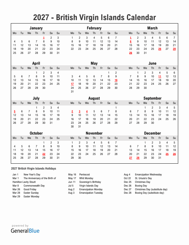 Year 2027 Simple Calendar With Holidays in British Virgin Islands