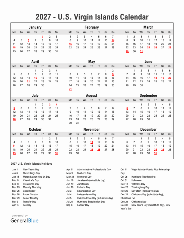Year 2027 Simple Calendar With Holidays in U.S. Virgin Islands