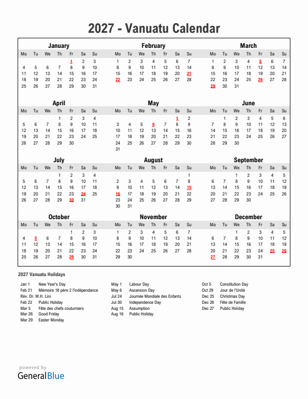 Year 2027 Simple Calendar With Holidays in Vanuatu