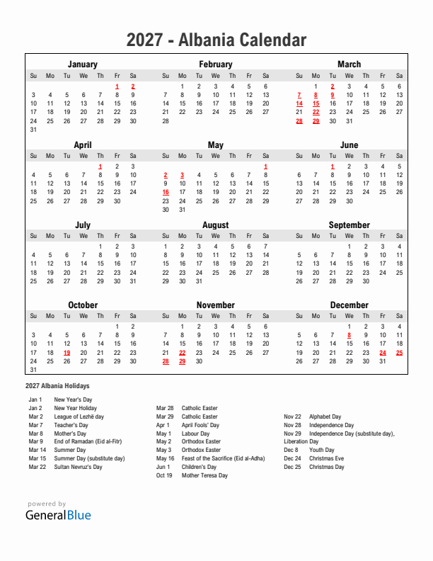 Year 2027 Simple Calendar With Holidays in Albania