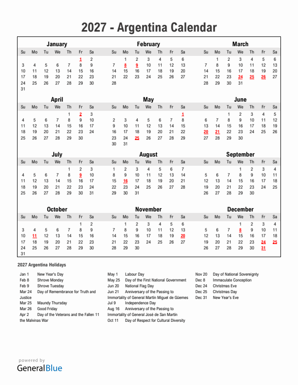 Year 2027 Simple Calendar With Holidays in Argentina