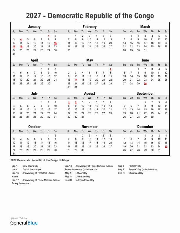 Year 2027 Simple Calendar With Holidays in Democratic Republic of the Congo