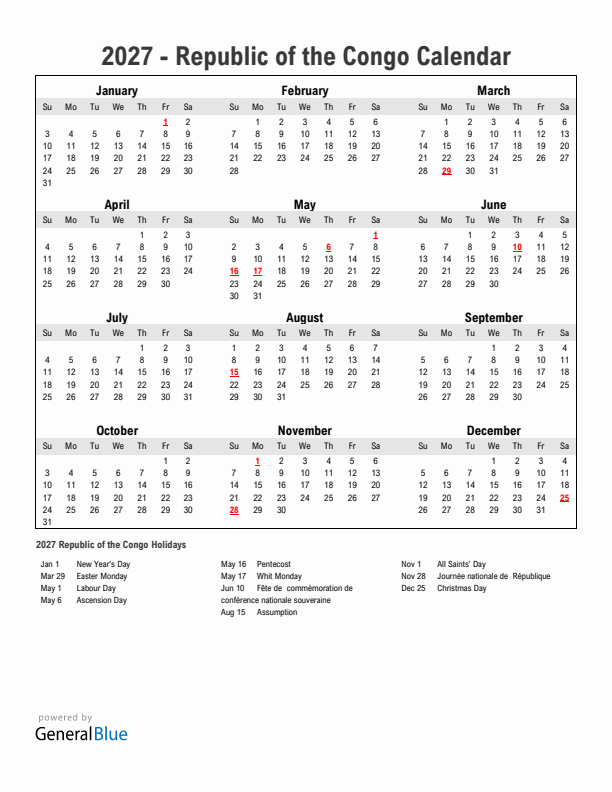 Year 2027 Simple Calendar With Holidays in Republic of the Congo