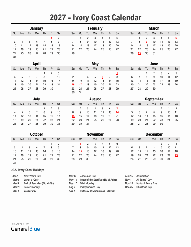 Year 2027 Simple Calendar With Holidays in Ivory Coast