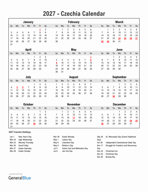 Year 2027 Simple Calendar With Holidays in Czechia