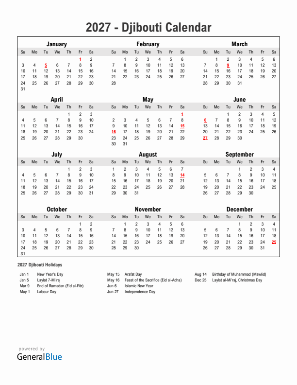 Year 2027 Simple Calendar With Holidays in Djibouti