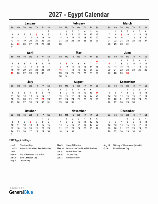 Year 2027 Simple Calendar With Holidays in Egypt