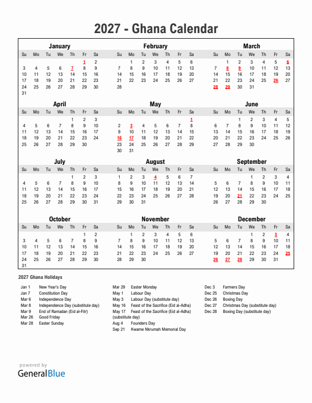 Year 2027 Simple Calendar With Holidays in Ghana