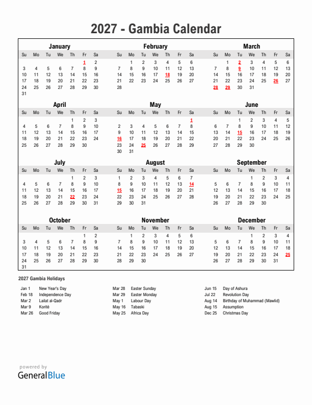Year 2027 Simple Calendar With Holidays in Gambia