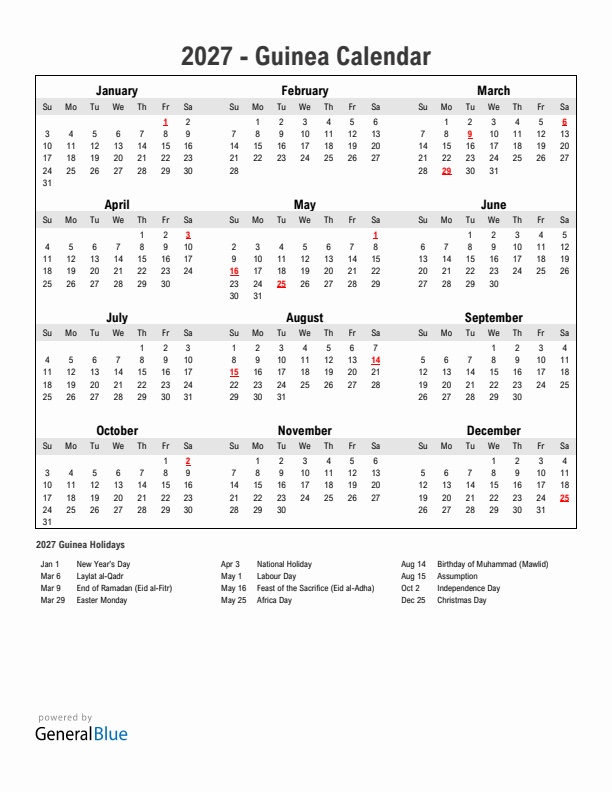 Year 2027 Simple Calendar With Holidays in Guinea