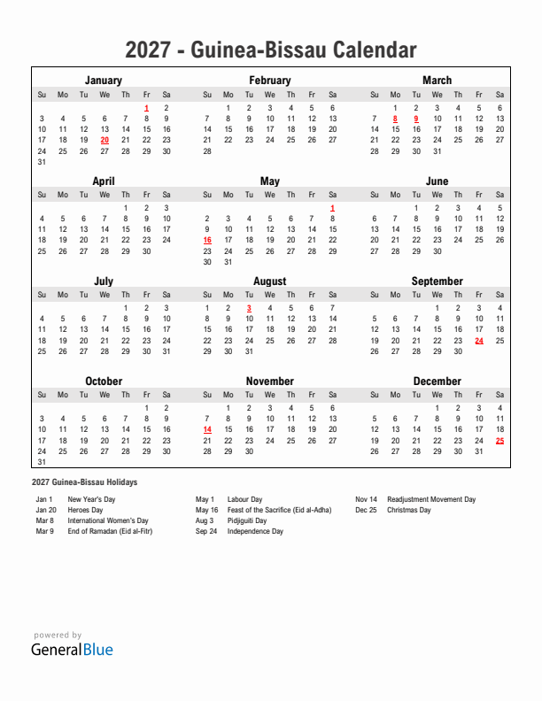 Year 2027 Simple Calendar With Holidays in Guinea-Bissau