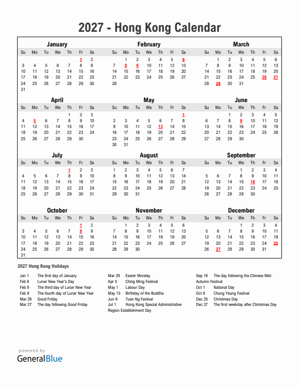 Year 2027 Simple Calendar With Holidays in Hong Kong