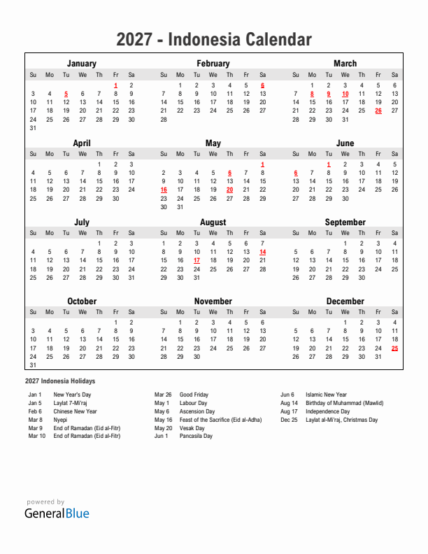Year 2027 Simple Calendar With Holidays in Indonesia