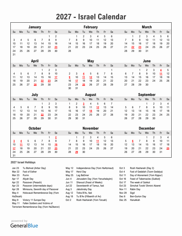 Year 2027 Simple Calendar With Holidays in Israel