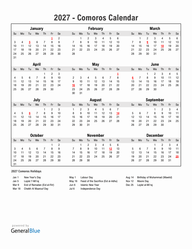 Year 2027 Simple Calendar With Holidays in Comoros