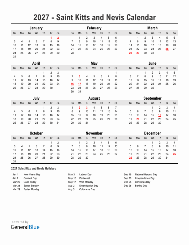 Year 2027 Simple Calendar With Holidays in Saint Kitts and Nevis