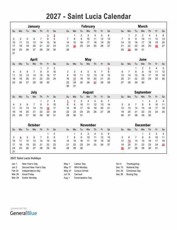 Year 2027 Simple Calendar With Holidays in Saint Lucia