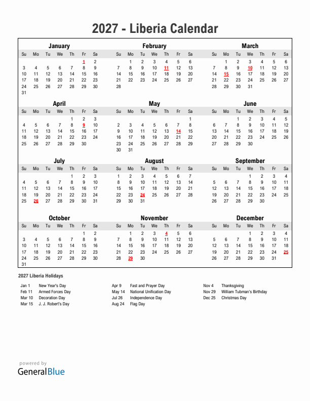 Year 2027 Simple Calendar With Holidays in Liberia