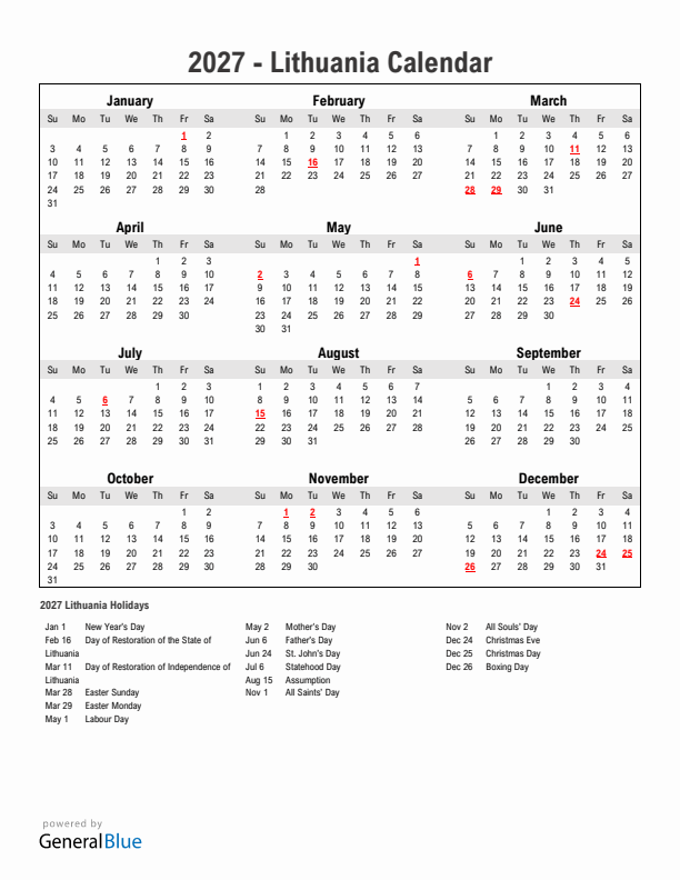 Year 2027 Simple Calendar With Holidays in Lithuania