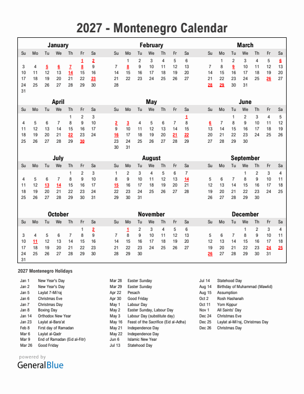 Year 2027 Simple Calendar With Holidays in Montenegro