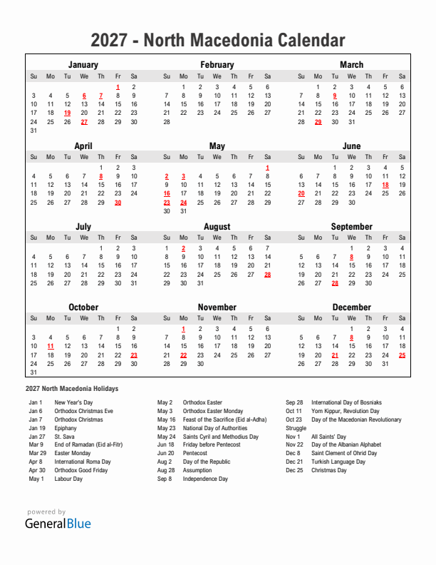 Year 2027 Simple Calendar With Holidays in North Macedonia