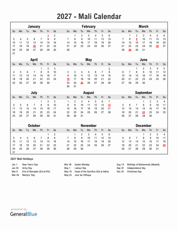 Year 2027 Simple Calendar With Holidays in Mali