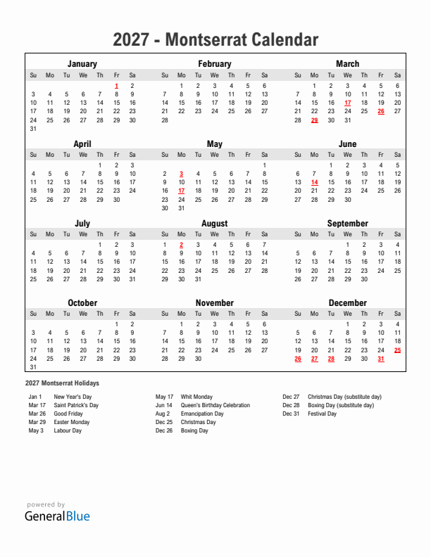Year 2027 Simple Calendar With Holidays in Montserrat
