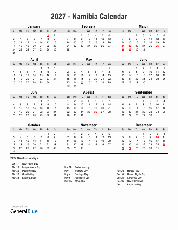 2027 Namibia Calendar With Holidays 2027 Namibia Calendar With Holidays