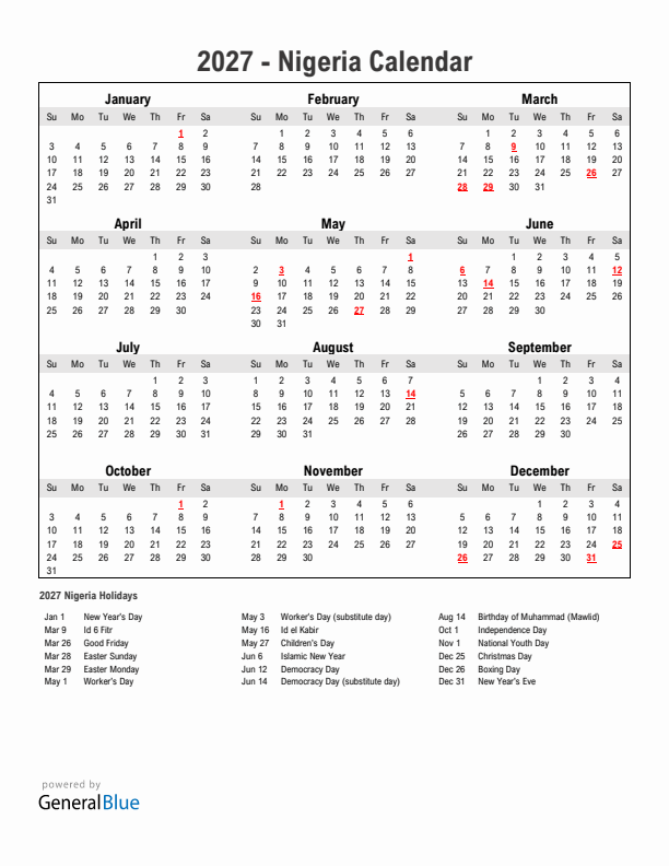 Year 2027 Simple Calendar With Holidays in Nigeria