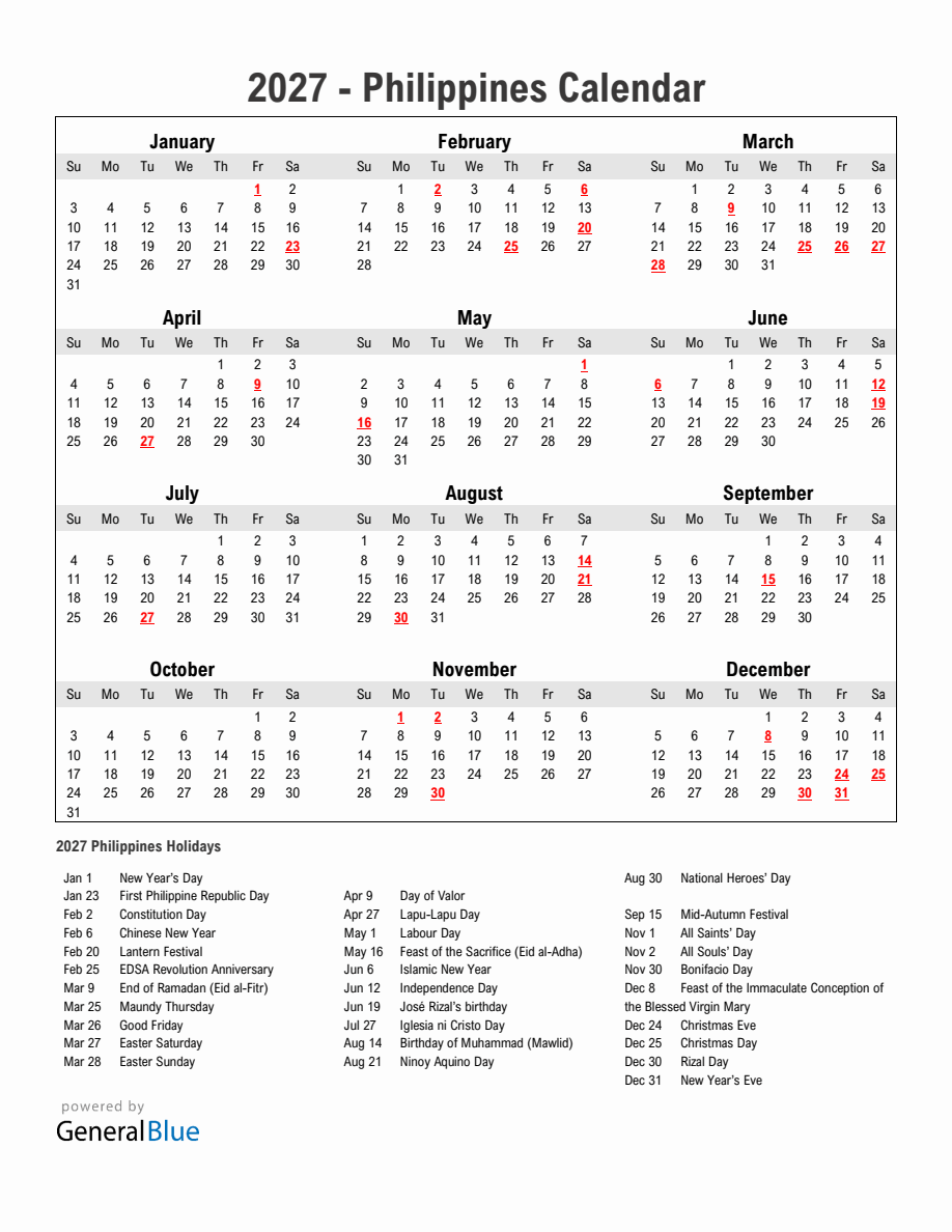 Year 2027 Simple Calendar With Holidays in Philippines