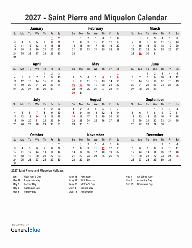 Year 2027 Simple Calendar With Holidays in Saint Pierre and Miquelon