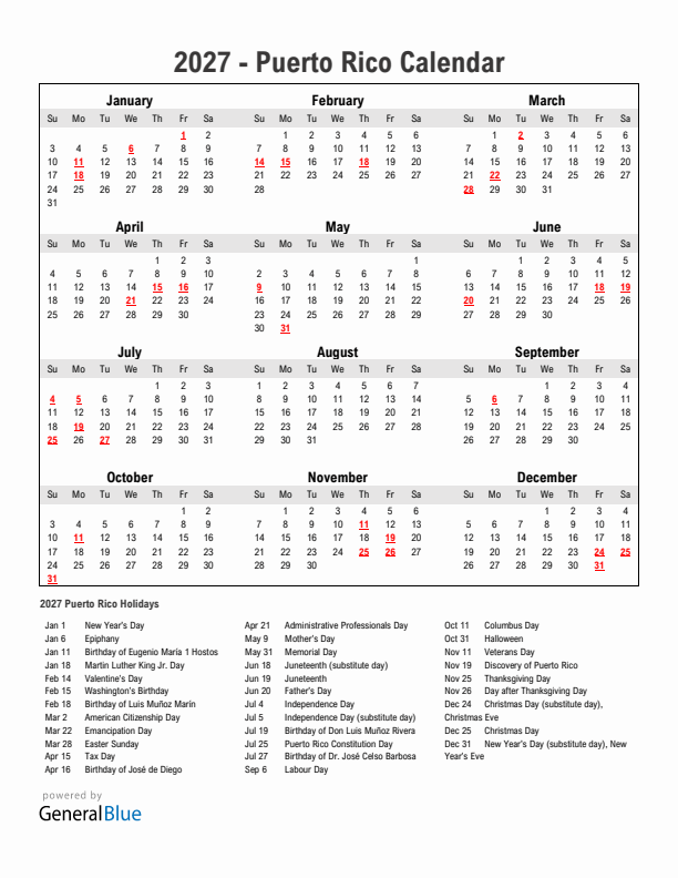 Year 2027 Simple Calendar With Holidays in Puerto Rico