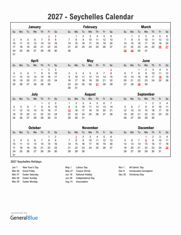 Year 2027 Simple Calendar With Holidays in Seychelles