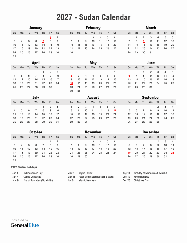 Year 2027 Simple Calendar With Holidays in Sudan