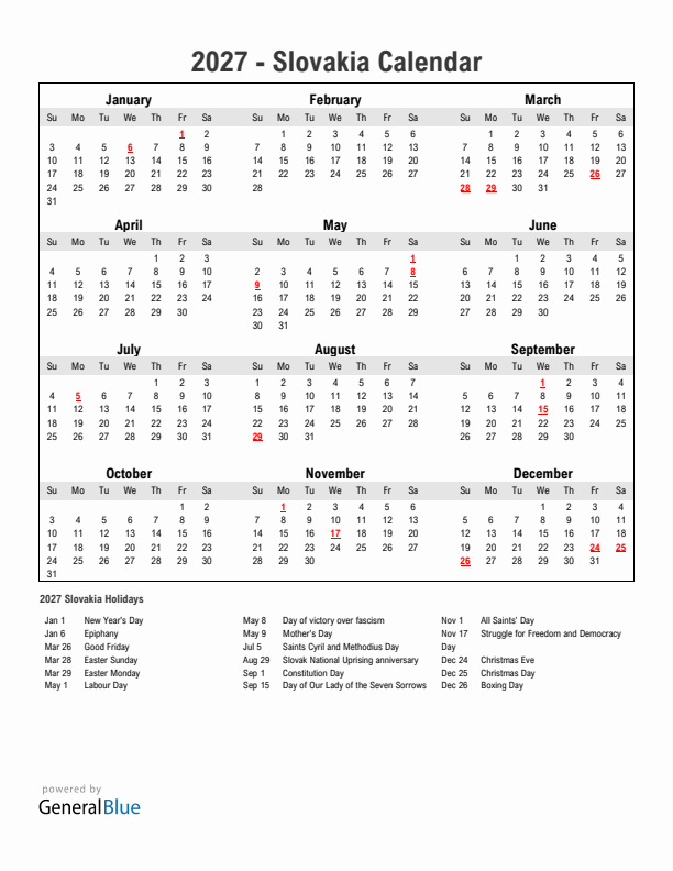 Year 2027 Simple Calendar With Holidays in Slovakia