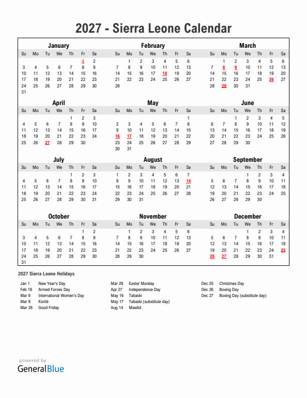 Year 2027 Simple Calendar With Holidays in Sierra Leone