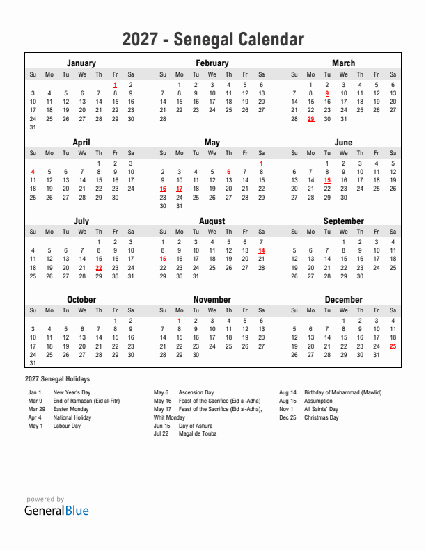 Year 2027 Simple Calendar With Holidays in Senegal