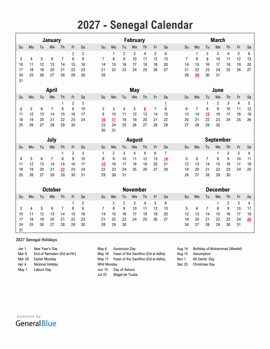 Year 2027 Simple Calendar With Holidays in Senegal