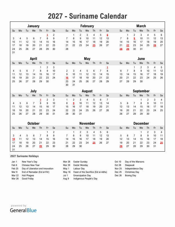 Year 2027 Simple Calendar With Holidays in Suriname