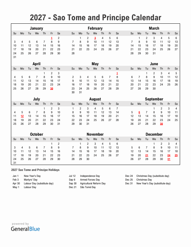 Year 2027 Simple Calendar With Holidays in Sao Tome and Principe