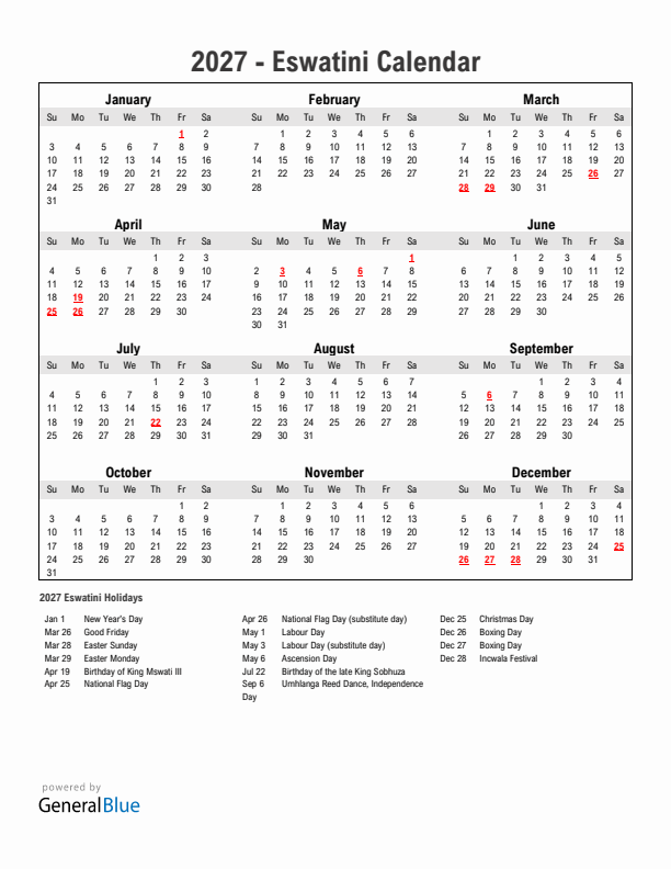 Year 2027 Simple Calendar With Holidays in Eswatini