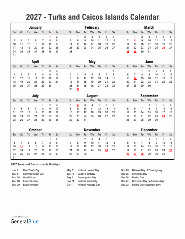Year 2027 Simple Calendar With Holidays in Turks and Caicos Islands