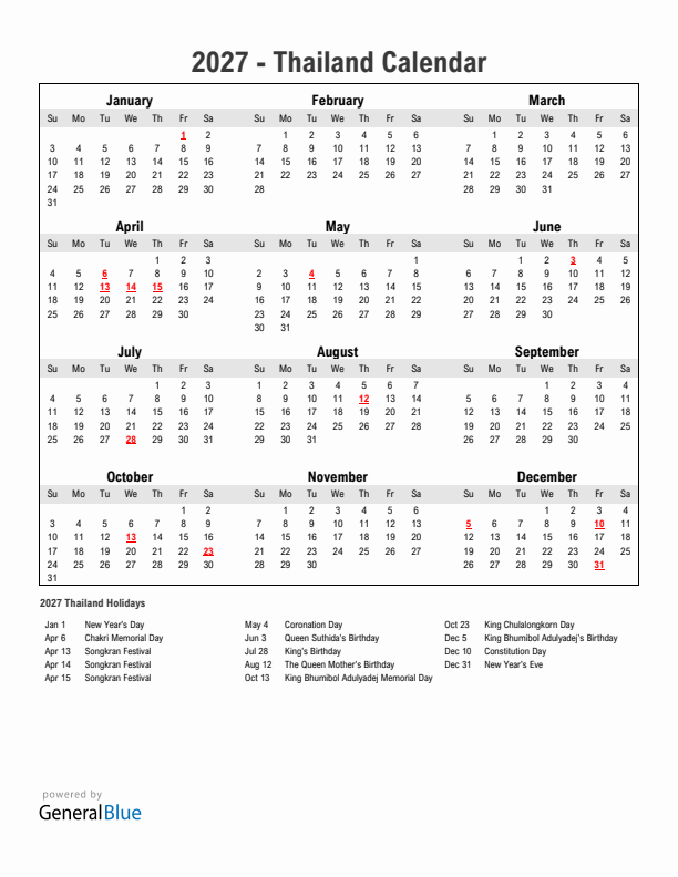 Year 2027 Simple Calendar With Holidays in Thailand