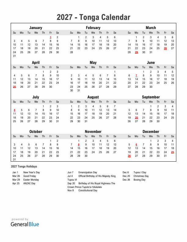 Year 2027 Simple Calendar With Holidays in Tonga