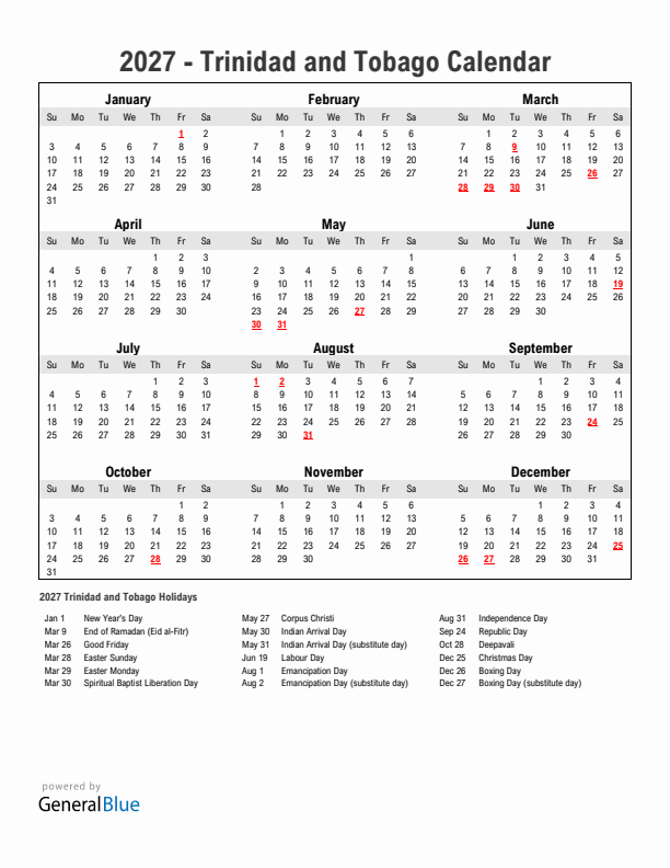 Year 2027 Simple Calendar With Holidays in Trinidad and Tobago