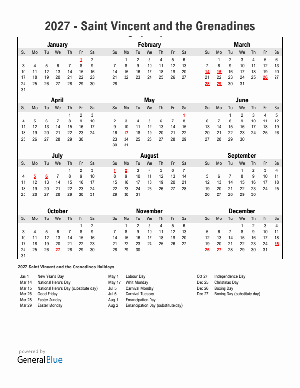 Year 2027 Simple Calendar With Holidays in Saint Vincent and the Grenadines