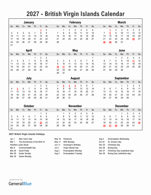 Year 2027 Simple Calendar With Holidays in British Virgin Islands