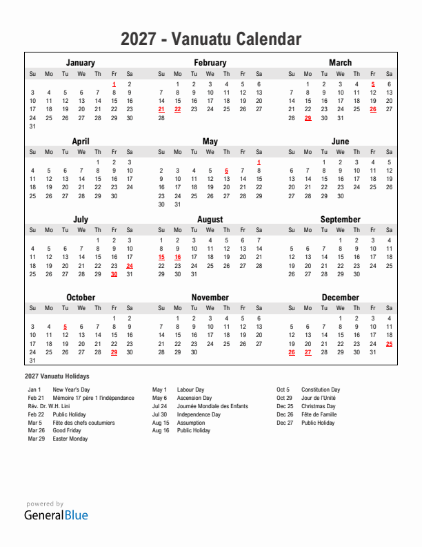 Year 2027 Simple Calendar With Holidays in Vanuatu